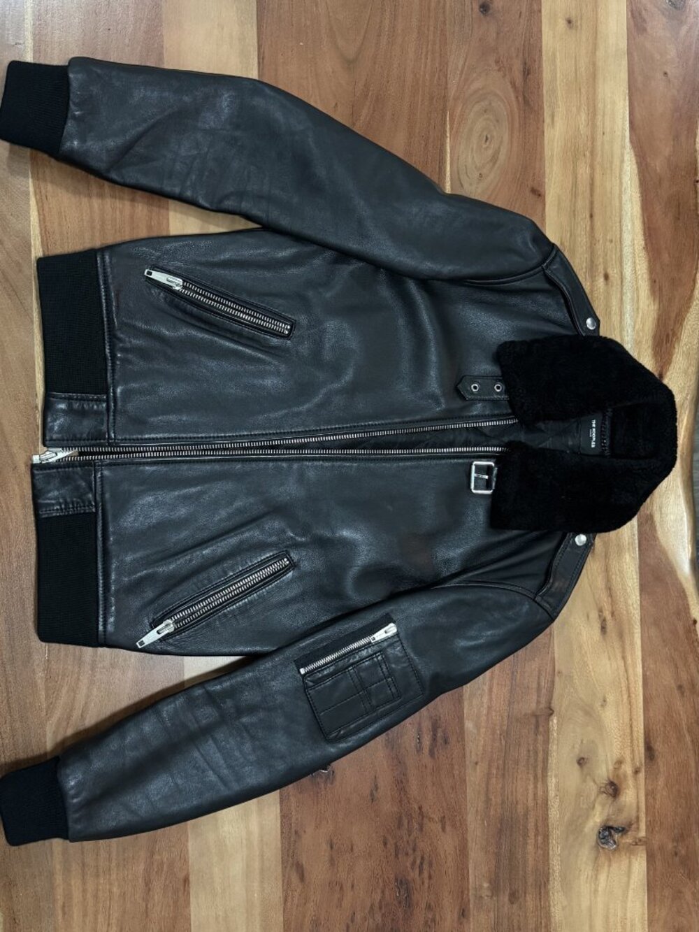 The Kooples black leather jacket – shearling collar, size S
